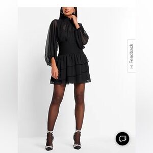 Express Mock Neck long sleeve ruffle mini dress Elegant Black Women's nwt 4